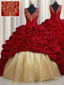 Pick Ups Ball Gowns Sleeveless Red Sweet 16 Dresses Sweep Train Lace Up