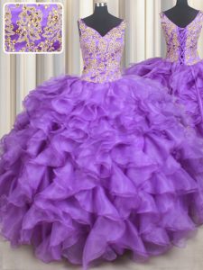 Flirting Purple Ball Gowns Beading and Appliques and Ruffles Vestidos de Quinceanera Lace Up Organza Sleeveless Floor Length