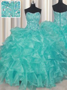 Beading and Ruffles Quinceanera Dresses Turquoise Lace Up Sleeveless Floor Length