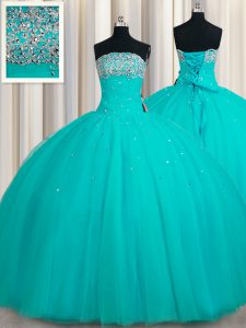 Aqua Blue Strapless Lace Up Beading and Sequins Quinceanera Gown Sleeveless