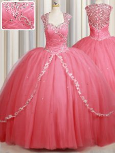 Sweep Train Ball Gowns Sweet 16 Quinceanera Dress Watermelon Red Straps Tulle Cap Sleeves Zipper