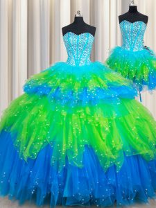 Great Three Piece Multi-color Sleeveless Floor Length Beading and Ruffled Layers Lace Up 15th Birthday Dress