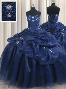 Sleeveless Organza Floor Length Lace Up Sweet 16 Dress in Navy Blue with Appliques and Pick Ups