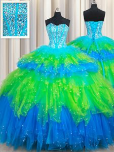 Multi-color Ball Gowns Beading and Ruffled Layers Sweet 16 Quinceanera Dress Lace Up Tulle Sleeveless Floor Length