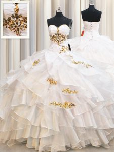 Flare Sweetheart Sleeveless 15 Quinceanera Dress Floor Length Beading and Ruffled Layers White Organza