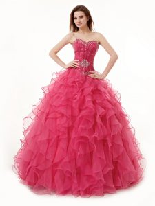 Coral Red A-line Organza Sweetheart Sleeveless Beading and Ruffles Floor Length Lace Up Quinceanera Gown