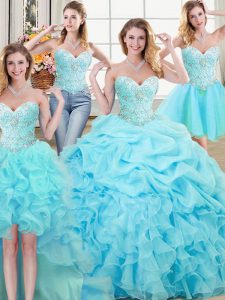 Elegant Four Piece Aqua Blue Lace Up 15 Quinceanera Dress Beading and Ruffles and Pick Ups Sleeveless Floor Length