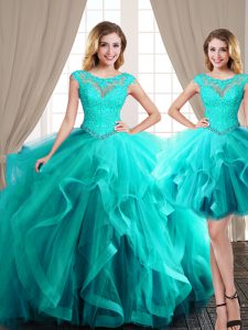 Three Piece Tulle Scoop Cap Sleeves Brush Train Lace Up Beading and Appliques and Ruffles Vestidos de Quinceanera in Aqua Blue