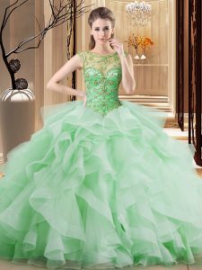 Brush Train Ball Gowns Vestidos de Quinceanera Apple Green Scoop Tulle Sleeveless Lace Up