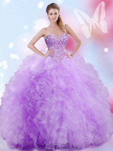 Adorable Lavender Sleeveless Floor Length Beading and Ruffles Lace Up Quinceanera Gown