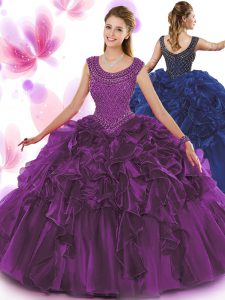 Dynamic Scoop Dark Purple Sleeveless Organza Zipper Vestidos de Quinceanera for Military Ball and Sweet 16 and Quinceanera