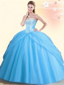 Superior Sleeveless Tulle Floor Length Lace Up Quince Ball Gowns in Aqua Blue with Beading