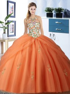 Vintage Halter Top Tulle Sleeveless Floor Length Quinceanera Dress and Embroidery and Pick Ups