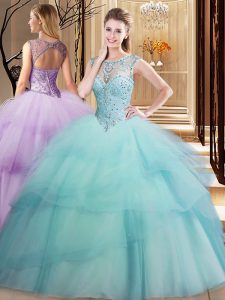 Custom Made Scoop Sleeveless Tulle 15 Quinceanera Dress Beading and Ruffled Layers Brush Train Lace Up