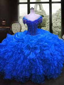 Graceful Royal Blue Cap Sleeves Organza Lace Up Vestidos de Quinceanera for Military Ball and Sweet 16 and Quinceanera