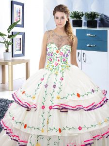 White Scoop Lace Up Beading and Embroidery and Ruffled Layers Quinceanera Dress Sleeveless