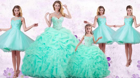 Sleeveless Organza Floor Length Lace Up 15 Quinceanera Dress in Apple Green with Beading and Ruffles and Pick Ups