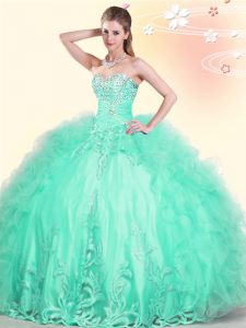 Fantastic Apple Green Ball Gowns Tulle Sweetheart Sleeveless Beading and Appliques and Ruffles Floor Length Lace Up Ball Gown Prom Dress