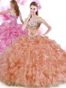 Beautiful Sweetheart Sleeveless Quinceanera Gowns Floor Length Beading and Ruffles Rust Red and Peach Organza