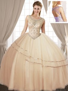 Scoop Tulle Sleeveless Floor Length Sweet 16 Dress and Beading