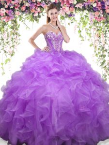 Extravagant Lavender Organza Lace Up Ball Gown Prom Dress Sleeveless Floor Length Beading and Ruffles