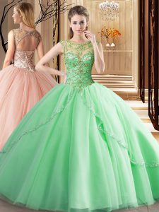 High Quality Apple Green Quinceanera Court Dresses Scoop Sleeveless Brush Train Lace Up