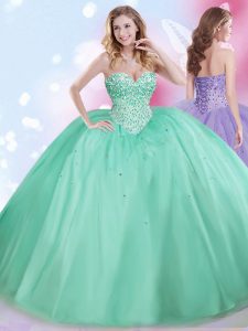 Flare Apple Green Sleeveless Floor Length Beading Lace Up 15th Birthday Dress