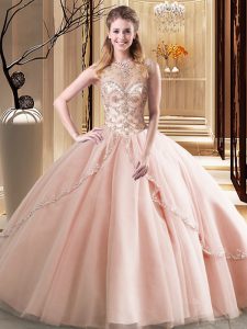 High Quality Scoop Peach Quinceanera Gowns Tulle Brush Train Sleeveless Beading