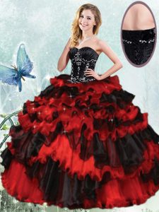 Red And Black Sleeveless Beading and Ruffled Layers Floor Length Sweet 16 Quinceanera Dress