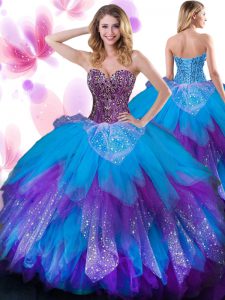 Noble Multi-color Sleeveless Floor Length Beading and Ruffled Layers Lace Up Quince Ball Gowns