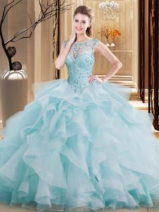 Excellent Scoop Light Blue Sleeveless Tulle Brush Train Lace Up Party Dress Wholesale for Military Ball and Sweet 16 and Quinceanera