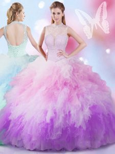 Most Popular High-neck Sleeveless Quinceanera Dresses Floor Length Beading and Ruffles Multi-color Tulle