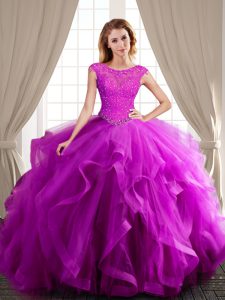 Scoop With Train Ball Gowns Cap Sleeves Fuchsia Vestidos de Quinceanera Brush Train Lace Up