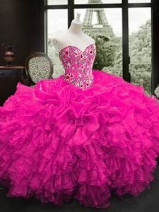 Fuchsia Organza Lace Up Sweetheart Sleeveless Floor Length Dama Dress for Quinceanera Embroidery and Ruffles