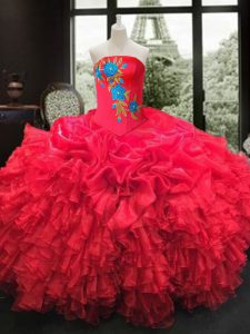 Delicate Red Sleeveless Organza Lace Up Quinceanera Gown for Military Ball and Sweet 16 and Quinceanera