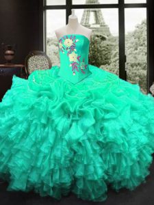 Hot Sale Turquoise Strapless Lace Up Embroidery and Ruffles Quinceanera Dress Sleeveless