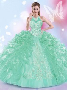Apple Green 15 Quinceanera Dress Military Ball and Sweet 16 and Quinceanera and For with Appliques and Ruffles Halter Top Sleeveless Lace Up