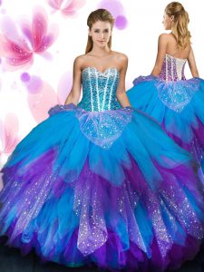 Beautiful Tulle Sleeveless Floor Length Quince Ball Gowns and Beading and Ruffled Layers