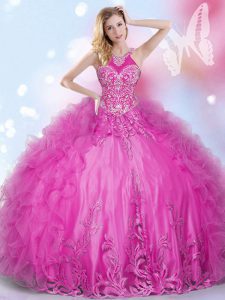 Halter Top Sleeveless Beading and Appliques and Ruffles Lace Up Sweet 16 Dress