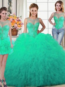 Dramatic Three Piece Floor Length Turquoise Sweet 16 Dresses Scoop Sleeveless Lace Up