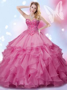 Organza Sweetheart Sleeveless Lace Up Beading 15 Quinceanera Dress in Rose Pink