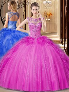 Ball Gowns Sweet 16 Dress Hot Pink Scoop Tulle Sleeveless Floor Length Lace Up