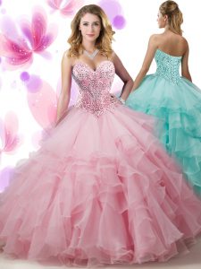 Pink Ball Gowns Organza Sweetheart Sleeveless Beading and Ruffled Layers Floor Length Lace Up Sweet 16 Dresses