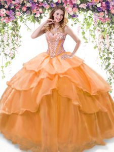 Fabulous Sleeveless Organza Floor Length Lace Up Sweet 16 Dress in Orange with Beading and Ruffled Layers