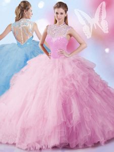 Baby Pink Sleeveless Floor Length Beading and Ruffles and Sequins Zipper Sweet 16 Quinceanera Dress