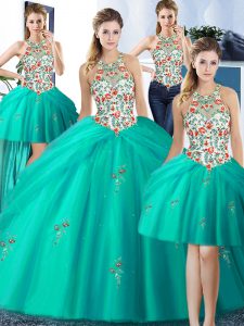 Elegant Four Piece Halter Top Floor Length Lace Up Sweet 16 Quinceanera Dress Turquoise for Military Ball and Sweet 16 and Quinceanera with Embroidery and Pick Ups
