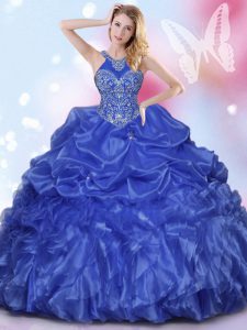 New Arrival Halter Top Sleeveless Organza Sweet 16 Dresses Appliques and Ruffles and Pick Ups Lace Up