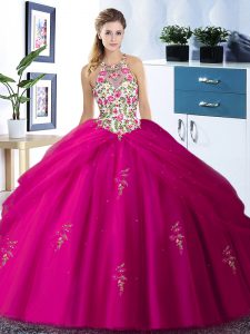 Halter Top Fuchsia Sleeveless Embroidery and Pick Ups Floor Length Sweet 16 Dress