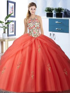 Charming Halter Top Tulle Sleeveless Floor Length Sweet 16 Dresses and Embroidery and Pick Ups
