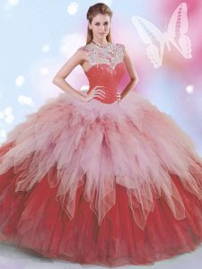Luxury Multi-color Ball Gowns Tulle High-neck Sleeveless Beading and Ruffles Floor Length Zipper Sweet 16 Dress